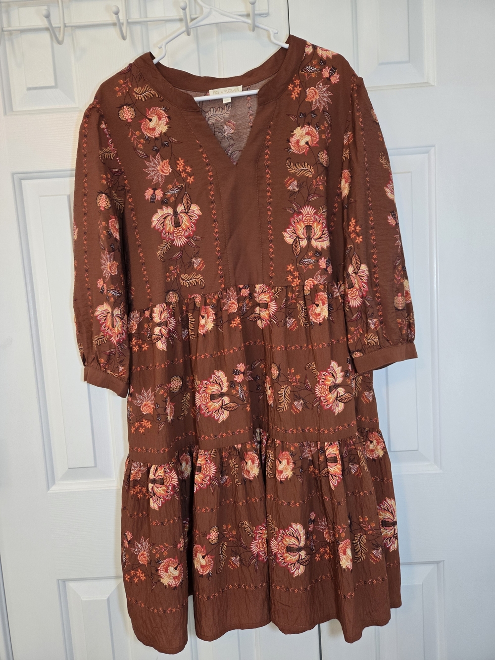 Fig And Flower Tiered Floral 3/4 Sleeve Dress Ornage Brown Pink Floral Size XL